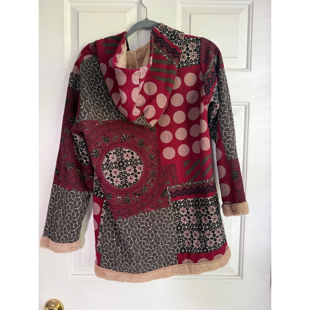 Boho Patchwork Hooded Jacket Burgundy Mixed Print Cottage Core Soft Lined Coat - Picture 2 of 3
